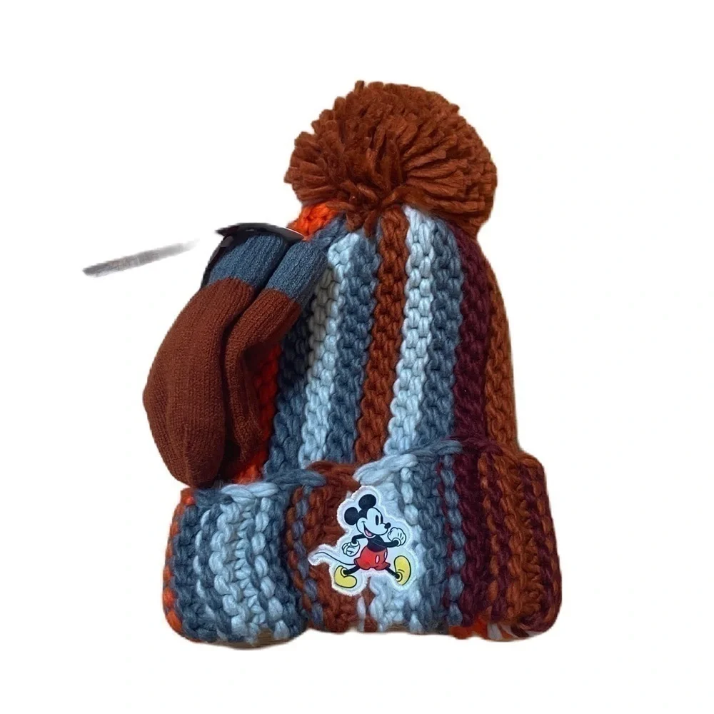 Mickey Mouse Thick Knit Hat & Gloves NEW Gray Red Burnt Orange Kids Pom